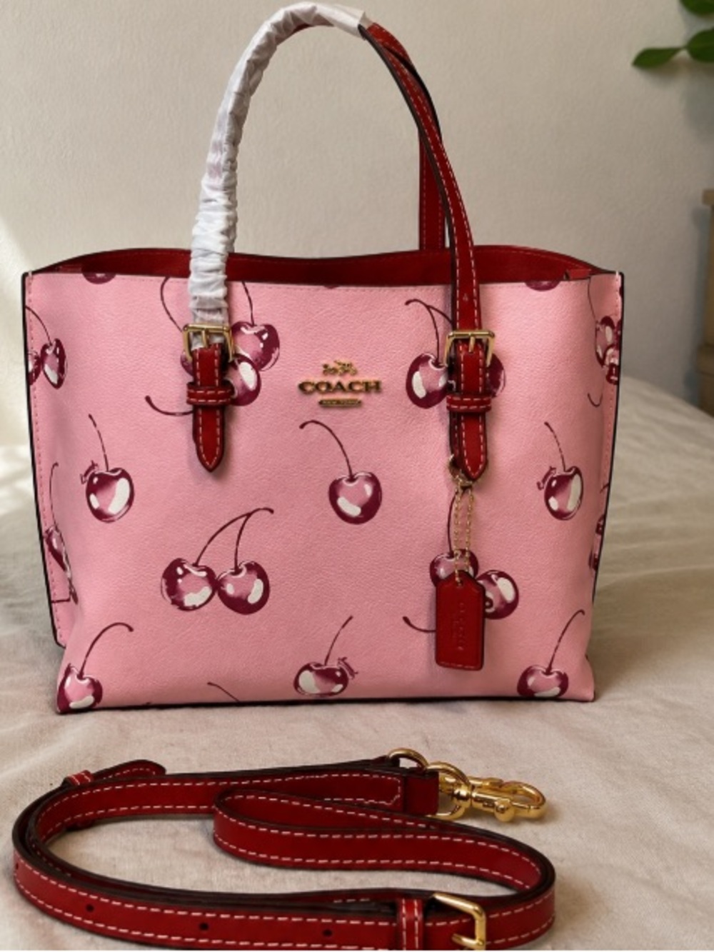Coach Pink Cherry Print Tote Bag with Red Trim